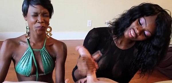  Two Ebonies Jerk Off A White Cock